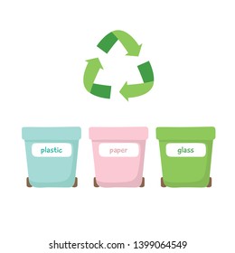 Waste sorting - illustration with three different garbage bins - for plastic, paper and glass. Concept zero waste, recycling, waste management. Vector illustration in cartoon style