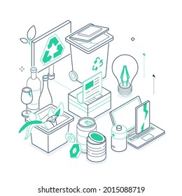 Waste sorting - isometric green and black line illustration