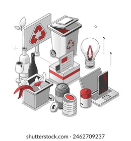 Clasificación de residuos - ilustración isométrica de línea roja y negra. Ecología, reciclaje y conservación del medio ambiente. Vidrio, lata, orgánico, baterías, electrónica, cubo de basura, electrodomésticos rotos