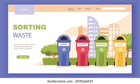 Waste sorting landing page with different colorful garbage bins, concept illustration for recycling, waste management, ecology. Vector flat illustration. Website template, web page. Zero waste concept