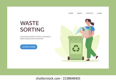 Waste sorting landing page. The girl throws glass containers into a special container. Wasteless lifestyle of people. Ecological concept of recycling materials. Human concern for the environment. Web