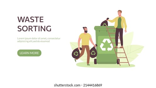 Waste sorting landing page. People sort garbage. Zero waste lifestyle. Ecological concept of recycling materials.  Man's concern for the environment. Flat style.