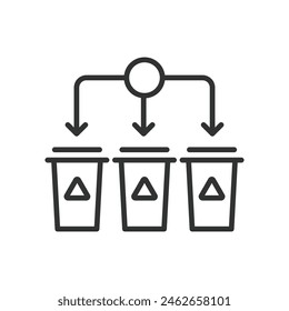 Waste sorting, in line design. Waste, sorting, garbage, recycling, segregate, bins on white background vector. Waste sorting editable stroke icon.