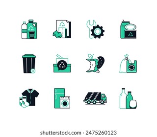 Waste sorting - line design style icons set with editable stroke. Plastic containers, cans, bits and spoiled food, glassware, household appliances and clothes are sent to the trash bin. Eco lifestyle