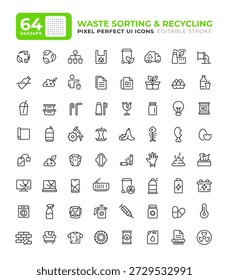 Waste sorting line essential ui icon set. Garbage recycling service. Management of litter. Disambiguation. Isolated vector outline symbols iconography. User interface elements linear, pixel perfect