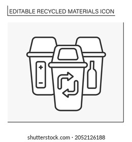  Waste sorting line icon. Sorting plastic, glass and battery. Recycled materials concept. Isolated vector illustration. Editable stroke