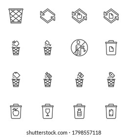 Juego de iconos de línea de clasificación de residuos, colección de símbolos de vector de contorno, paquete de pictogramas de estilo lineal. Señales, ilustración del logotipo. El juego incluye iconos como papeleras de basura, basura orgánica, plástico, vidrio, no basura