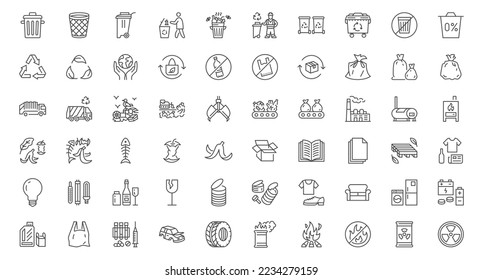 Waste sorting line icons set. Plastic bottle, biodegradable trash, junk truck, landfill, paper, glass, battery, conveyor vector illustration. Outline signs about garbage recycle. Editable Stroke - Shutterstock ID 2234279159