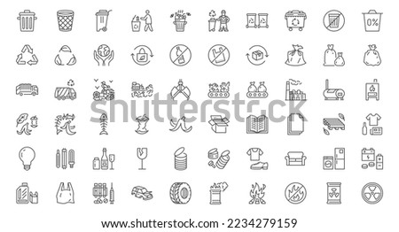 Waste sorting line icons set. Plastic bottle, biodegradable trash, junk truck, landfill, paper, glass, battery, conveyor vector illustration. Outline signs about garbage recycle. Editable Stroke Stock foto © 