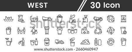 Waste sorting line icons set collection. Plastic bottle, biodegradable trash, junk truck, landfill, paper, glass, battery, conveyor vector illustration. Outline signs about garbage recycle. Editable S