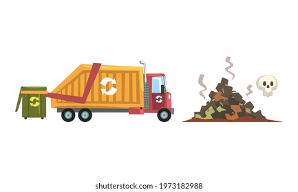 Waste Sorting and Litter Recycling with Refuse-collecting Truck and Dump Vector Set