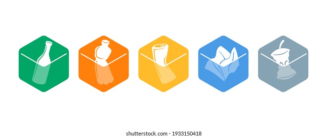 Waste sorting, litter separation icons set - dumpster marking stickers with hand and garbadge - glass, plastic, metal, paper, organic waste - vector collection