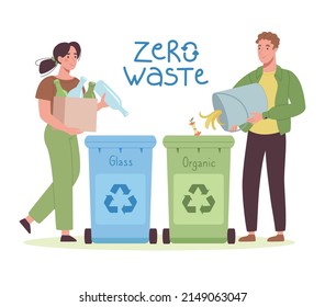 Clasificación de desechos. Hombre y mujer arreglan basura. Un estilo de vida sin desperdicios que no perjudique al planeta. Concepto ecológico de proteger a la naturaleza del plástico. Pancarta ecológica. Ilustración vectorial en estilo plano. 