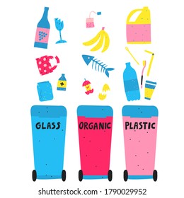 Waste sorting and management concept. Glass, organic and plastic garbage. Multicolor recycling bins and trash. Flat style drawing. Trendy stock vector illustration
