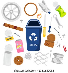 Waste sorting. Metal garbage. Cans, tools, mechanic parts, broken things and other trash icons.