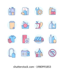 Clasificación de residuos - conjunto de iconos de diseño de línea moderna. Estilo de vida ecológico, idea de reciclaje. Plástico, papel, metal, estaño, vidrio, cartón, orgánico, desechos electrónicos, textiles, papelera reciclables. Contenedor, camión, bolsas