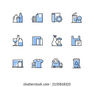 Waste sorting - modern line design style icons set with editable stroke. Plastic packaging, glass, food, trash can, clothing, recyclable household appliances, caring for the environment