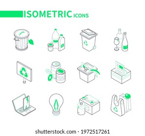 Waste Sorting - Modern Line Isometric Icons Set. Bin, Plastic Bottles, Recycling Container, Glass, Banner, Tin, Organic, Batteries, Electronics, Bags. Ecology And Environmental Conservation Idea