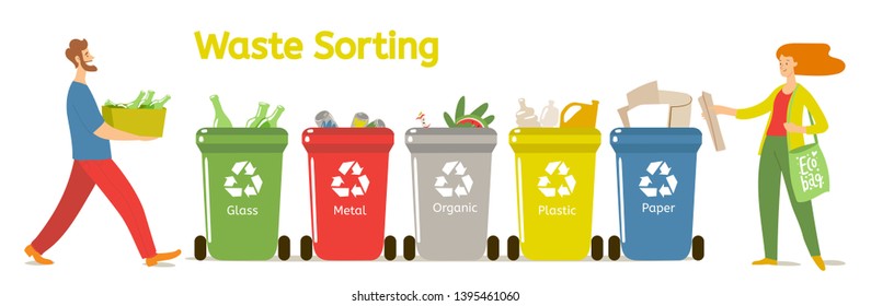 Waste sorting motivational vector illustration with man and woman sorting the waste. Zero waste life style. Good for infographic poster or motivational card. 