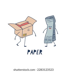 Papel y cartón clasificadores de residuos. Caja de cartón y periódico enrollado. Objetos divertidos con brazos, piernas y caras. Vector de corte aislado en la ilustración de fondo blanco para el diseño.