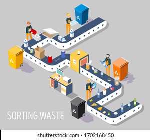 Waste sorting plant, vector flat illustration. Isometric garbage sorting plant for municipal solid waste with conveyor line and workers for web banner, website page etc.