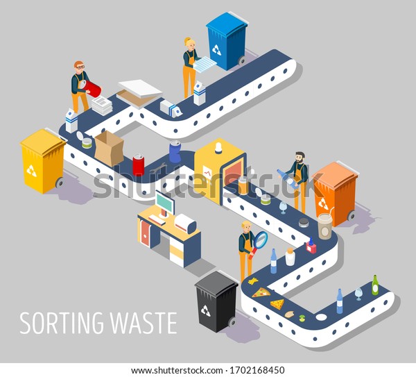 Waste sorting plant, vector\
flat illustration. Isometric garbage sorting plant for municipal\
solid waste with conveyor line and workers for web banner, website\
page etc.