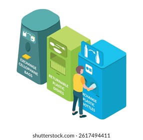 Waste sorting process, on transparent background, 3d isometric vector illustration