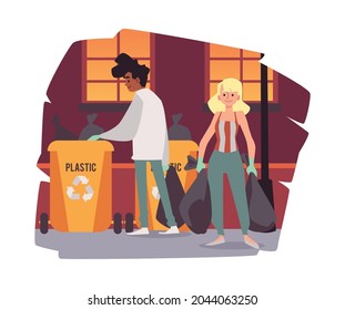 Waste sorting and recycling banner mockup with volunteers picking trash, flat vector illustration isolated on white background. Recycling of plastic and glass wastes.
