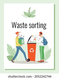 Waste sorting and recycling banner or poster layout, flat cartoon vector illustration. Poster with people characters saving environment from wastes and pollution.