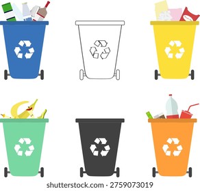 Waste sorting recycling bins set flat vector illustration with plastic glass paper organic and metal icons