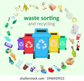 Clasificación y reciclado de desechos. En el centro - contenedores para basura, y alrededor - varias basuras. 