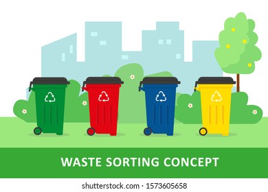 Waste sorting and recycling concept. City landscape and containers with waste. Vector  illustration.