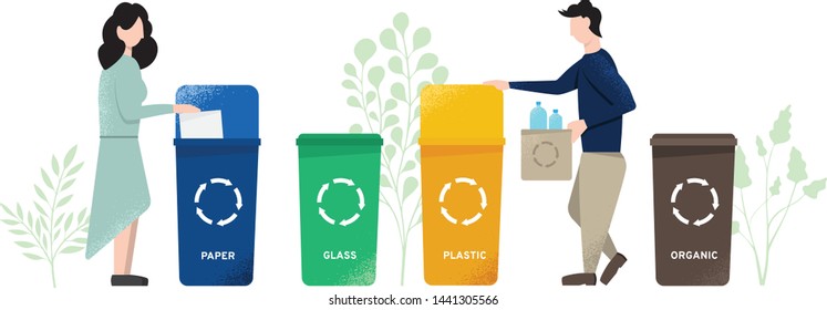 Waste sorting, Recycling concept. Man and woman putting rubbish in trash bins. Modern flat design. Vector illustration EPS 10. 