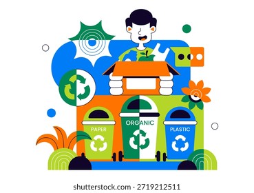 Ilustración vectorial conceptual de clasificación y reciclaje de residuos que muestra la gestión ambiental sostenible y las prácticas ecológicas en un contexto