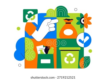 Ilustración vectorial conceptual de clasificación y reciclaje de residuos que muestra la gestión ambiental sostenible y las prácticas ecológicas en un contexto