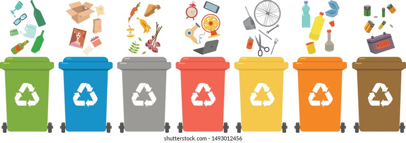 Waste sorting, Sorting waste for recycling, garbage sorting, recycling bins. Different types of garbage: paper, plastics, scrap metal, glass, organic, e-waste. Modern flat vector illustration.