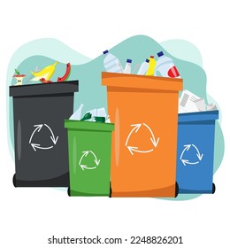 Waste sorting, Sorting waste for recycling, garbage sorting, recycling bins. Different types of garbage: paper, plastics, glass, organic.Modern flat vector illustration.