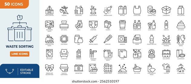 Waste Sorting and Recycling icon set. Sorting garbage by type. Plastic, glass, metal, paper, organic, fabric, electronics, batteries, chemicals, medical, construction debris, etc. vector illustration