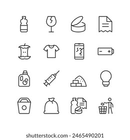 Abfallsortierung und Recycling, lineares Icon-Set. Müll nach Typ sortieren. Kunststoff, Glas, Metall, Papier, organisch, Stoff, Elektronik, Batterien, Chemikalien, Medizin, Bauschutt. Bearbeitbarer Strich