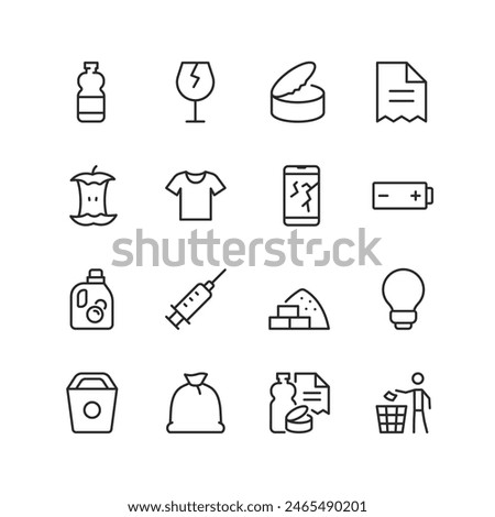 Waste Sorting and Recycling, linear icon set. Sorting garbage by type. Plastic, glass, metal, paper, organic, fabric, electronics, batteries, chemicals, medical, construction debris. Editable stroke