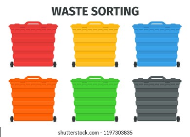 Waste sorting and recycling sorting management concept. Colorful garbage containers and bins for different types of waste and rubbish. Vector