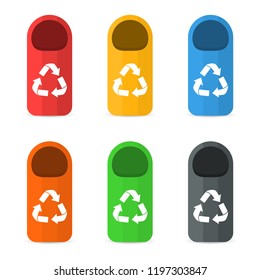 Waste sorting and recycling sorting management concept. Colorful garbage containers and bins for different types of waste and rubbish. Vector