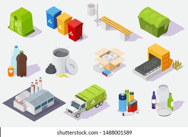 Waste sorting and recycling process isometric icon set, vector illustration isolated on white background. Garbage recycling equipment, plant, trash truck and cans, plastic paper glass household waste.