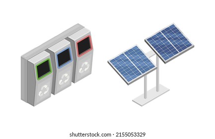 Waste sorting and recycling, solar panels isometric vector illustration