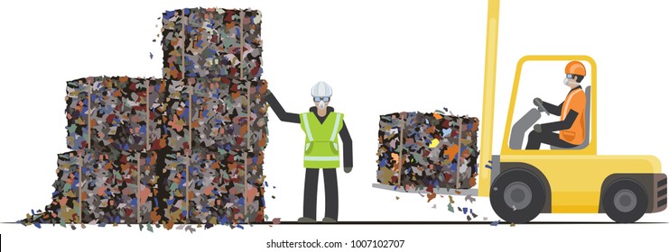 Waste sorting and recycling. Workers packaging garbage into stacks using forklift. Vector illustration