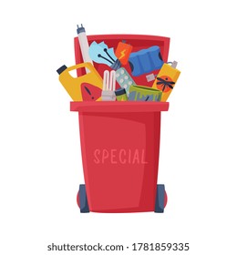 Waste Sorting, Red Trash Can with Red Sorted Garbage, Segregation and Separation Rubbish Disposal Refuse Bin Vector Illustration