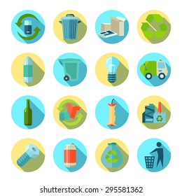 Waste sorting and reduction round icons set with recycling factory flat isolated shadow vector illustration 