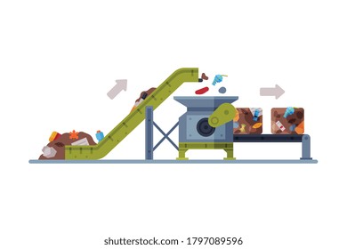 Waste Sorting and Separating Plant with Conveyor Line Flat Style Vector Illustration on White Background