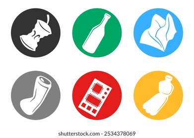 Waste sorting, separation circular icons set - dumpster stickers with 6 different garbage types - glass, plastic, metal, paper, organic and electronic waste - vector collection