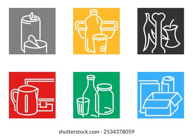 Waste sorting, separation colorful square icons set in bold line - dumpster marking stickers with different garbage types - glass, plastic, metal, paper, organic and electronic waste